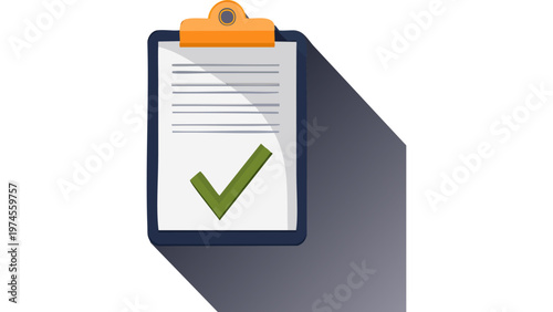 Clipboard with large check mark indicating completed task approval and successful verification process vector