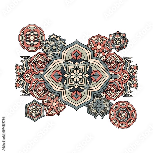 Intricate Floral Mandala Composition with Harmonious Color Palette.