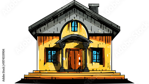 Small wooden countryside house with warm glowing windows representing cozy rural home architecture illustration vector