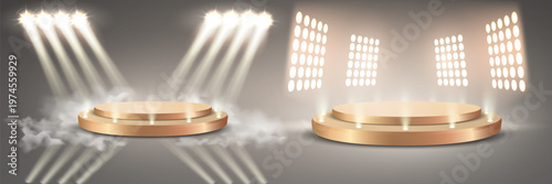 Gold round podium illuminating with bright spotlights