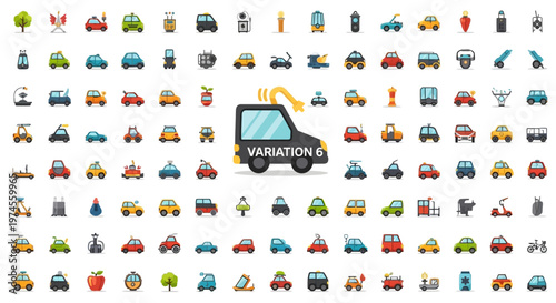 Diverse Collection of Colorful Cartoon Cars and Vehicles Icon Set