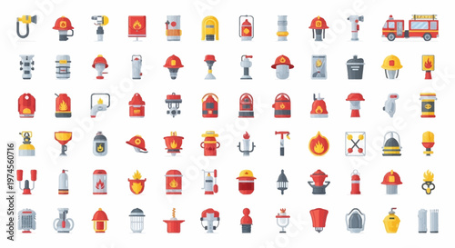 Firefighter Equipment Icons Set: Safety, Rescue, and Emergency Tools Collection