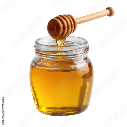 A small glass jar filled with golden organic honey and a wooden dipper resting on the jar rim isolated on transparent background