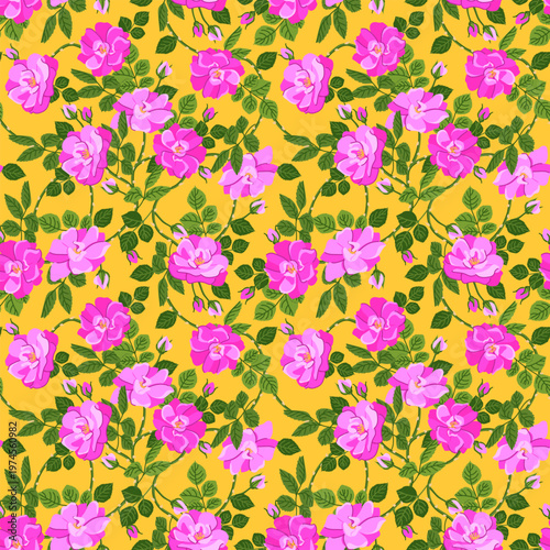 Vector pattern of intertwined branches of pink roses. A popular Victorian motif. Clipart for Valentine's Day, wedding, and Mother's Day cards. Seamless rosehip background.