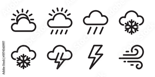 Weather forecast outline icons including cloudy sunny rainy snowy and lightning strike symbols for web apps.