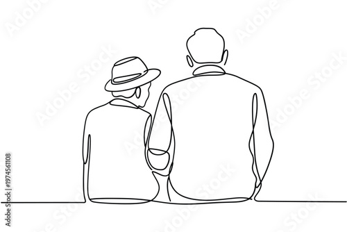 Bild auf Leinwand A continuous line drawing depicts two figures seated together facing forward