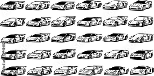Automotive Sports Cars Line Art Vector Set: Collection of Modern Supercars and Race Car Outlines for Design, Branding, and Transportation Projects
