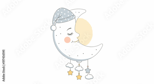 Sleeping Crescent Moon with Stars, Dreamy Night Illustration
