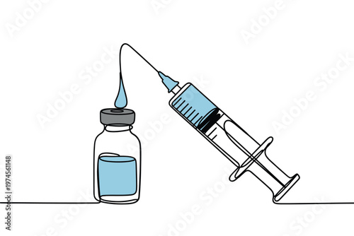 Line drawing of a syringe dispensing liquid into a vial