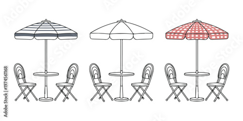 Outdoor cafe furniture set with bistro table and chairs under patterned patio umbrellas in minimalist style.