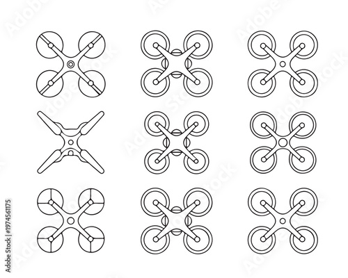 Collection of nine simple drone outlines showing different designs and rotor configurations isolated on white background.