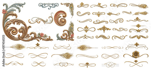 Elegant baroque floral elements featuring detailed roses, swirling acanthus ornaments, and vintage botanical styling in rich colors.