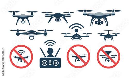 Collection of drone icons showing drones flying and prohibited signs for drones in flight isolated on white.