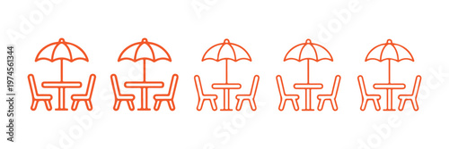 Outdoor cafe tables with umbrellas and chairs set for dining experience.