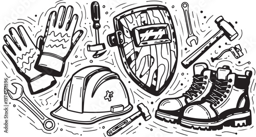 Hand drawn set of safety and work gear including helmet gloves boots and welding mask.