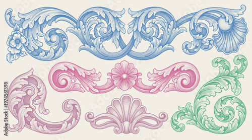 Decorative floral design elements. Ornate swirling floral motif. Pattern vector illustration in vintage engraving style