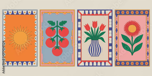 Vibrant floral designs arranged on a surface with decorative borders