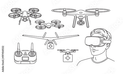Linear drone illustrations featuring medical delivery quadcopters and pilot wearing virtual reality goggles set.