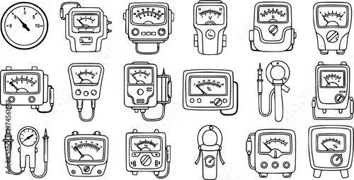 Electrical Engineering  Electronics: Black and White Line Art Icon Set of Analog Multimeters, Voltmeters, Ammeters, and Electrical Measuring Devices