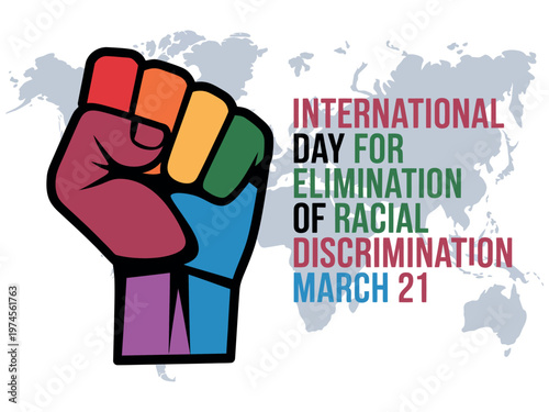 A colorful graphic illustration of a raised fist representing International Day for Elimination of Racial Discrimination