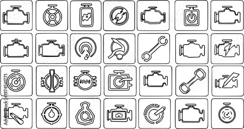 Automotive Engine, Repair, and Dashboard Symbols Line Art Icons Set. Vehicle Check Engine Light, Oil, Speedometer, and Wrench Glyph Icons.