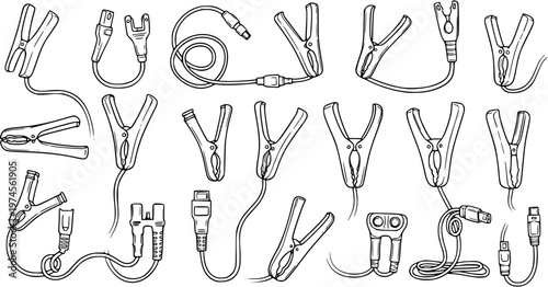 Black and White Line Art of Automotive Jumper Cable Clamps and Connectors