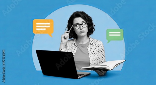 Young woman thinking while studying with laptop and book at desk  