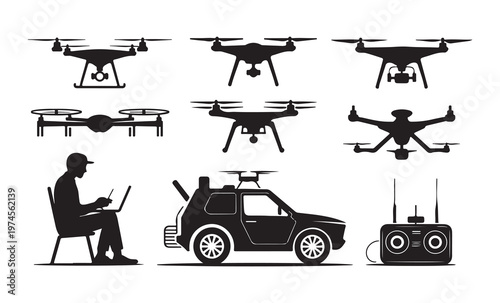Mobile drone command center silhouettes with professional pilot car station and diverse multicopter aircrafts.