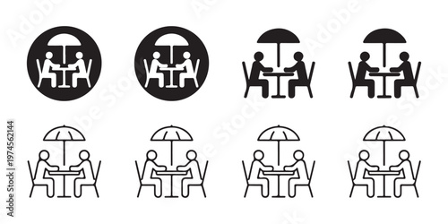 Set of eight outdoor cafe icons, people sitting at tables with umbrellas in various styles.