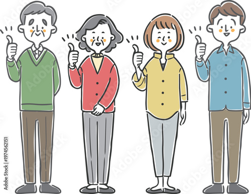グッドサインをする家族二世代　全身　ベクター