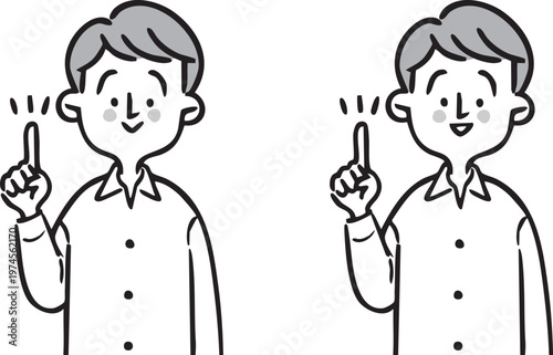 指差しをする男性　上半身　ベクター（モノクロ）