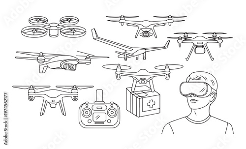 Professional drone operator line art collection with various quadcopter models and medical supply delivery box.