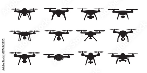 Set of various drone silhouettes. different styles of quadrocopters with cameras. vector illustration.
