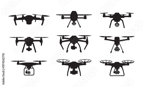Nine silhouette drone icons showing various models and flight perspectives for technology concepts.
