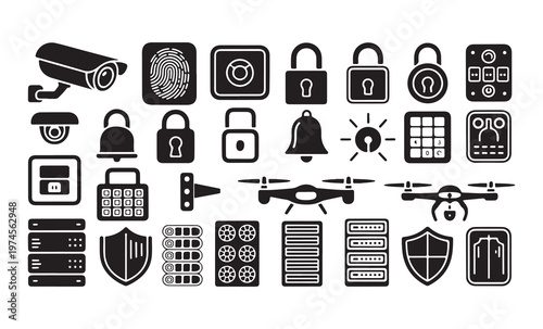 Home security and digital protection icons featuring cctv cameras locks bells and server hardware silhouettes.