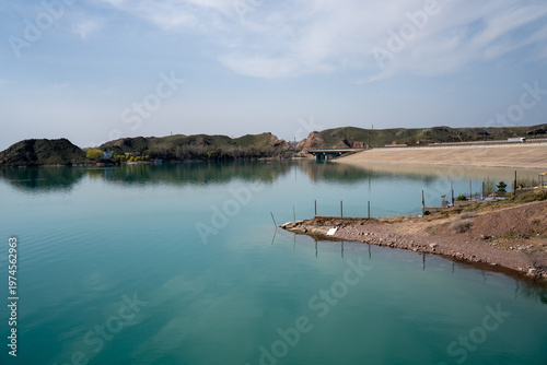 Panoramic view of the coastline and rocky cliffs at Qonayev (Kapchagay), Central Asia