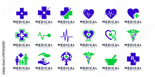 Healthcare and medical logo pack with cross, heart pulse, and family care concepts in minimal green vector style.