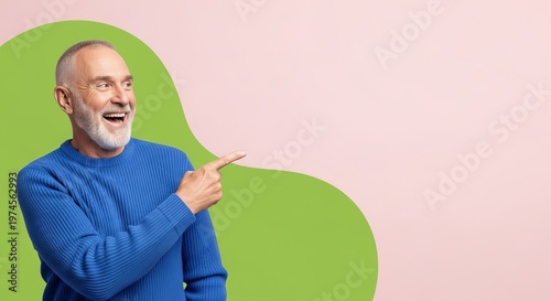 Elderly man smiling and pointing on colorful background   