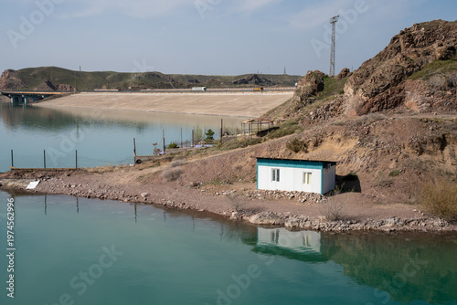 Panoramic view of the coastline and rocky cliffs at Qonayev (Kapchagay), Central Asia