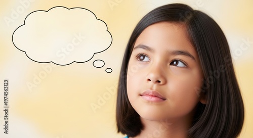 Young girl thinking with blank speech bubble on yellow background  