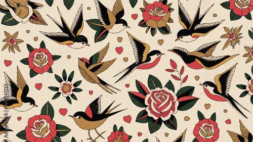 A vibrant digital art piece featuring birds flying around roses and leaves