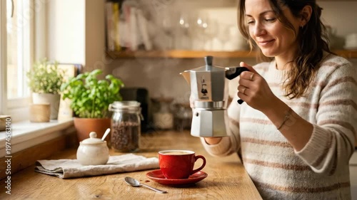A woman in a casual domestic setting carefully tilting a polished silver moka pot to pour a dark stream of fresh espresso into a small vivid red ceramic cup, kitchen interior with wooden countertop in