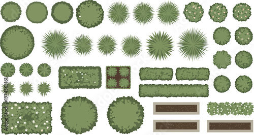 Top view hedge and bush landscape set with garden greenery elements