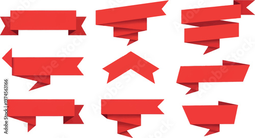 Red ribbon banner set with folded decorative label collection