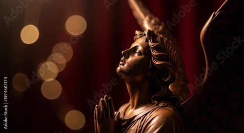 Angel statue with hands clasped in prayer against blurred background  