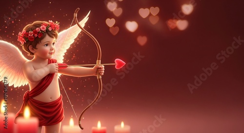 Cherubic boy with wings shooting love arrow in romantic setting  