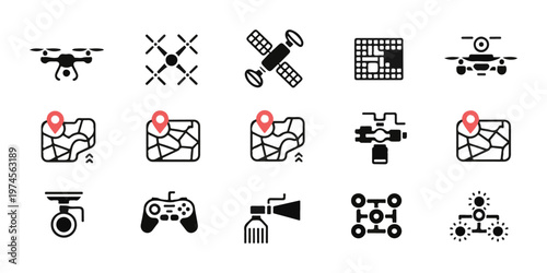 Drone black glyph icons set. quadcopter technology. future aerial vehicle pictogram pack. solid silhouettes.
