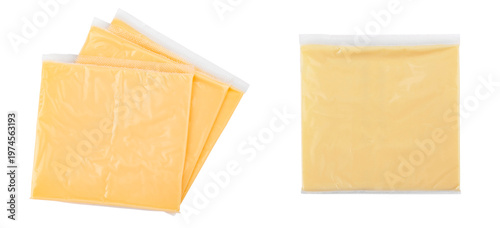 Processed cheese slices in plastic packaging isolated on white background. File contains clipping path.