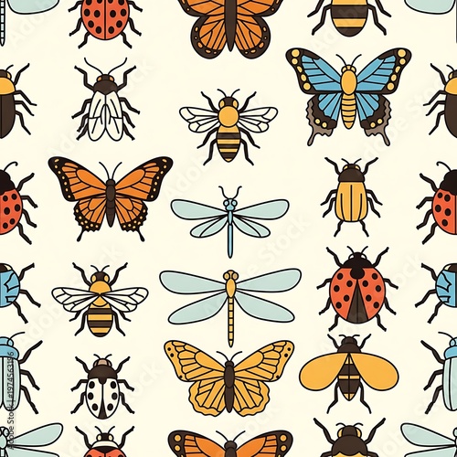 Colorful Insect Pattern - Butterflies, Bees, Ladybugs, and Dragonflies.