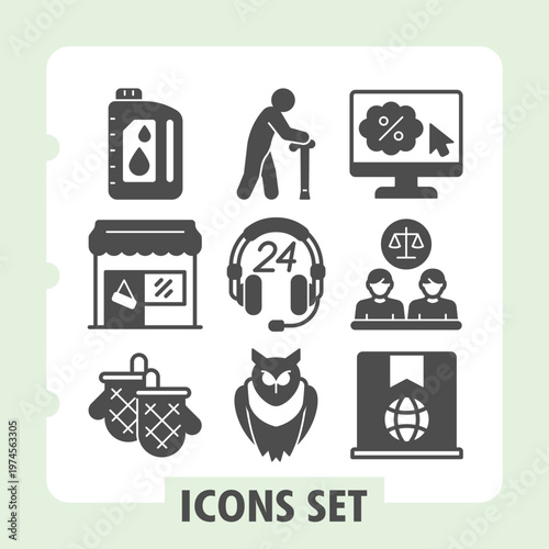 Oil can, shop, cooking gloves icons, collection illustrating concepts such as business, care, service and lifestyle. Set of nine glyph icons on white background.